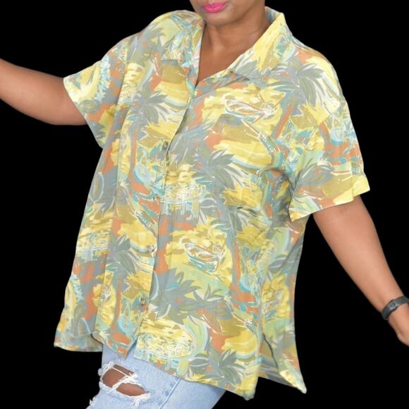 Vintage ABS Hawaiian Shirt Yellow Printed Tropical Tiki Button Front Rayon Small - Picture 1 of 13